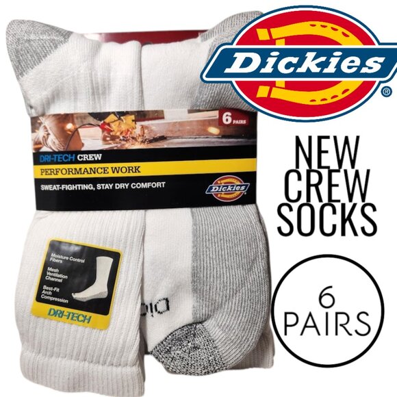 NEW Dickies Men's Dri-Tech Moisture Control Crew Socks 6 Pack Size XL White Soft - Picture 1 of 12